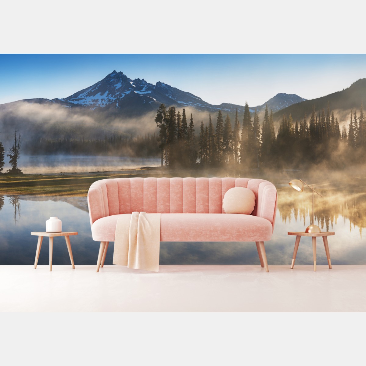 Fototapete nebliger bergspiegel am see bei sonnenaufgang – Wallnifity®