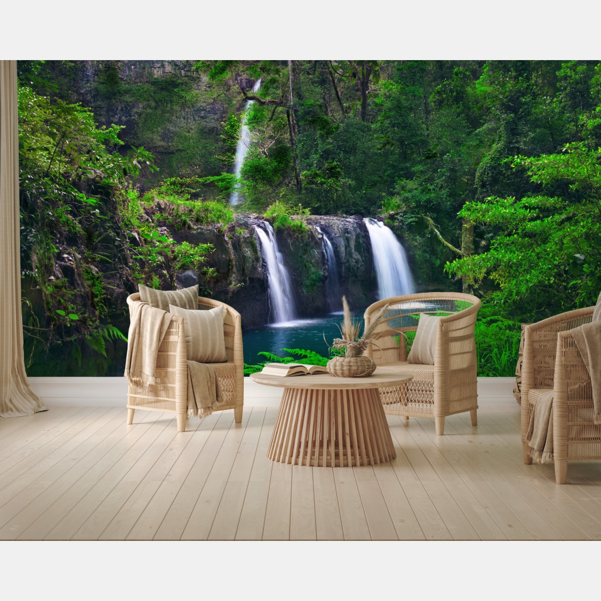 Fototapete beruhigender wasserfall im smaragdgrünen wald – Wallnifity®