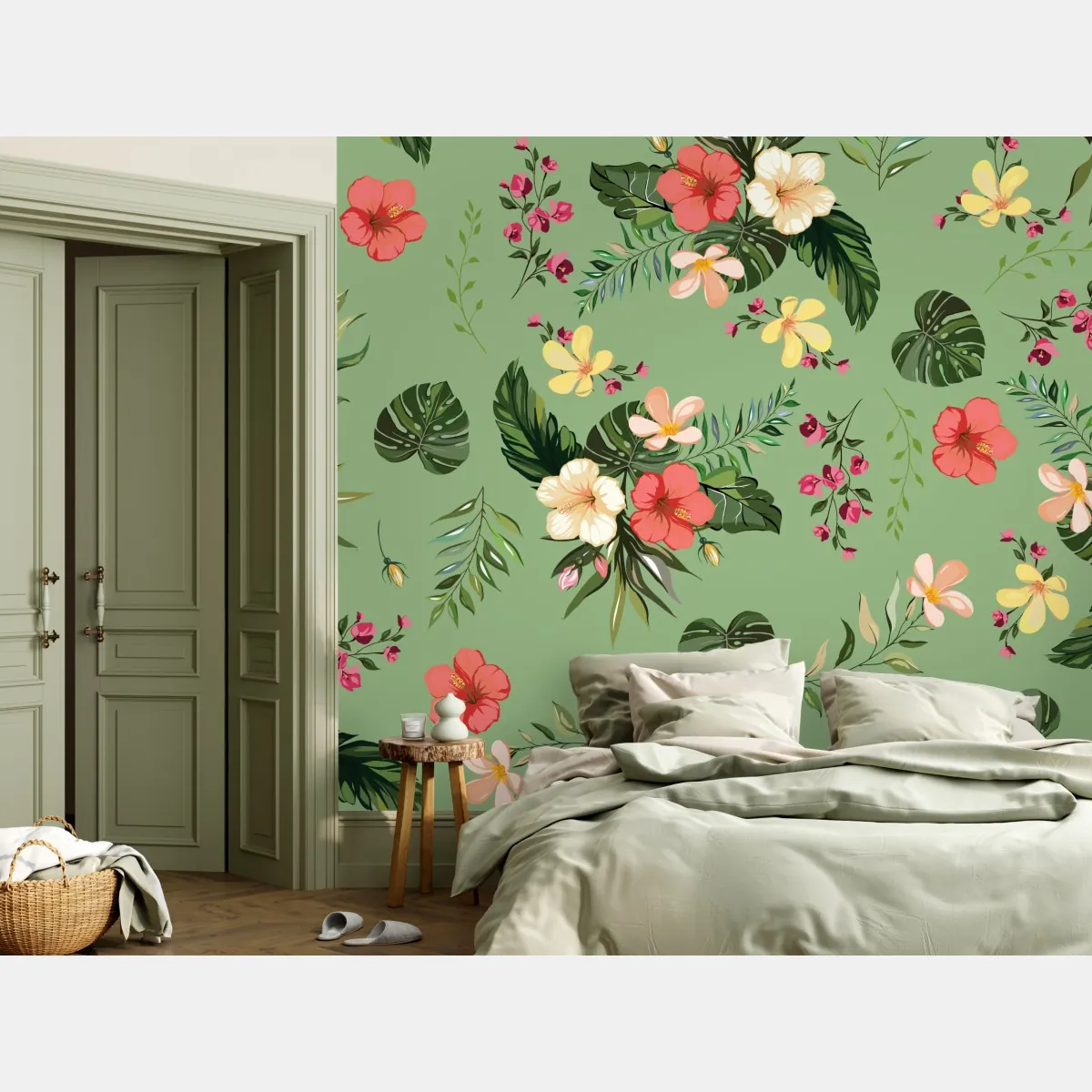 Fototapete grünes tropisches hibiskusmuster – Wallnifity®