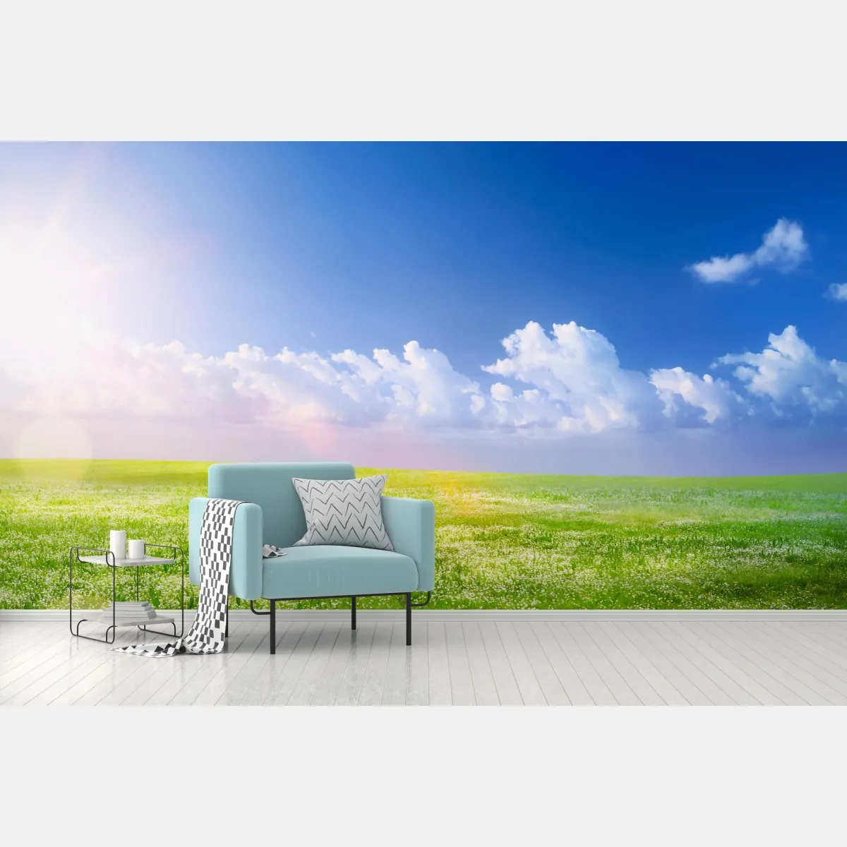 Fototapete sonnige frühlingswiese unter blauem himmel – Wallnifity®