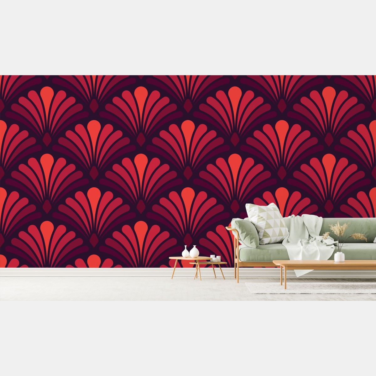 Fototapete geometrisches art-déco fächermuster in warmen rot- und violetttönen – Wallnifity®