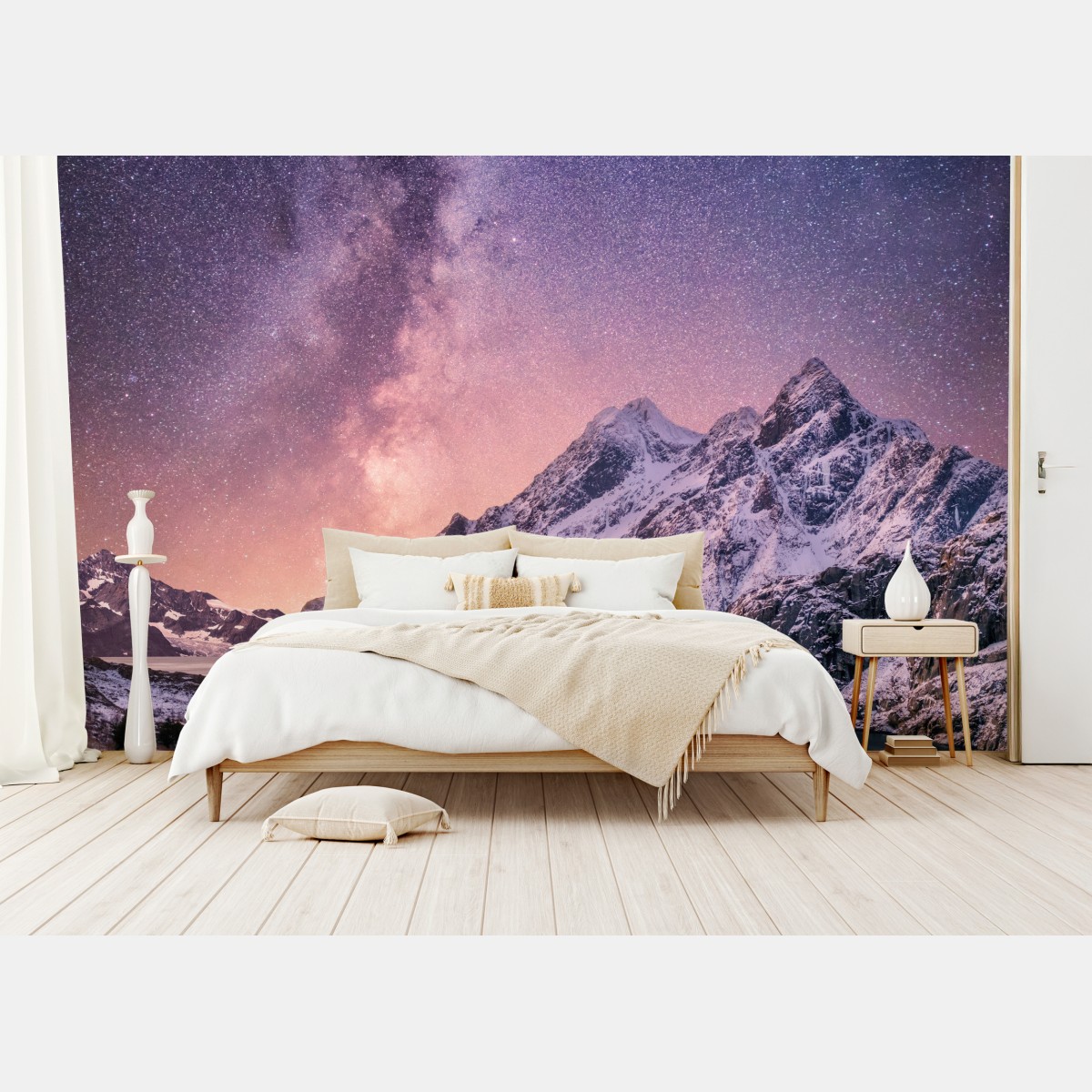 Fototapete milchstraße über verschneiten bergen in Norwegen – Wallnifity®