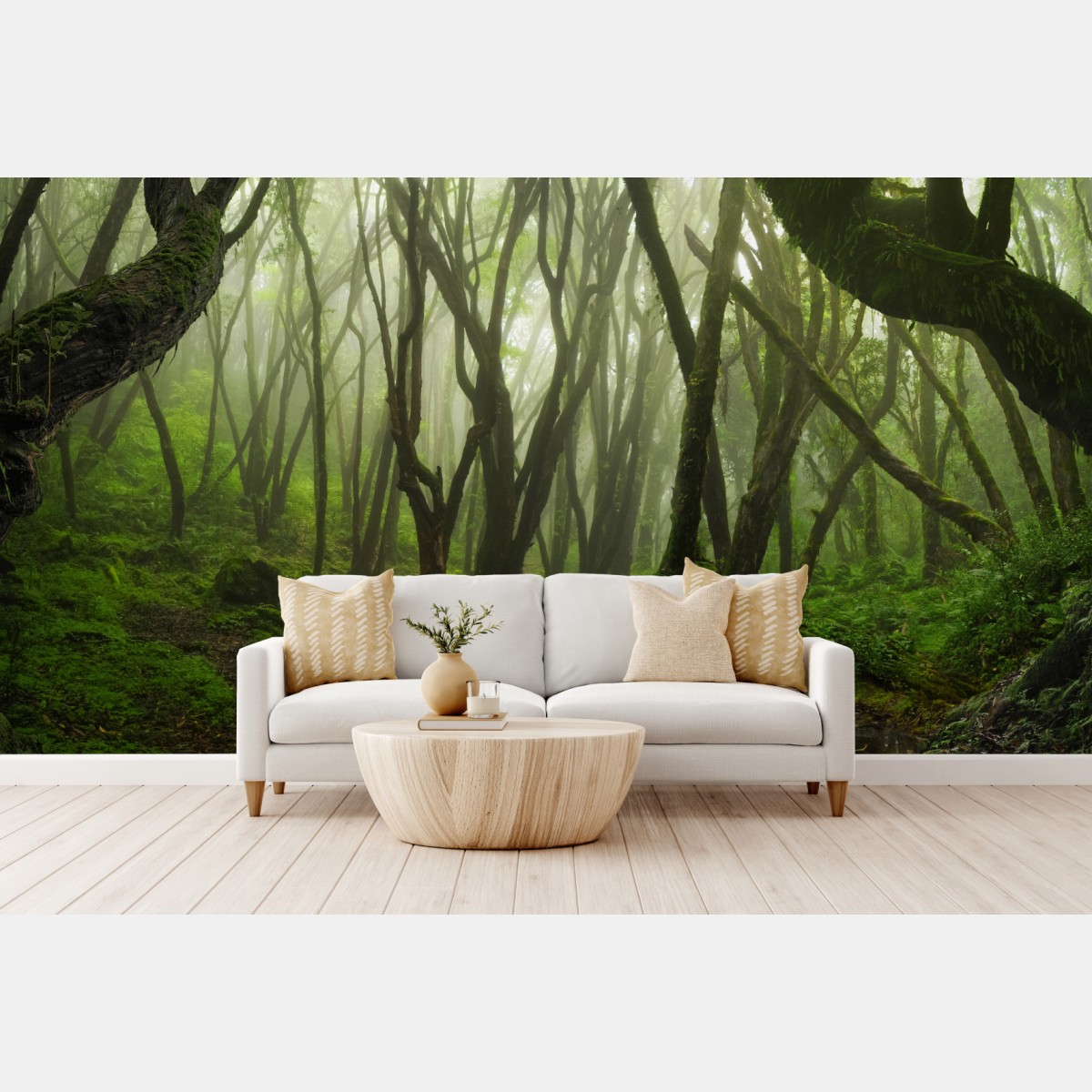 Fototapete nebliger grüner waldpfad – Wallnifity®