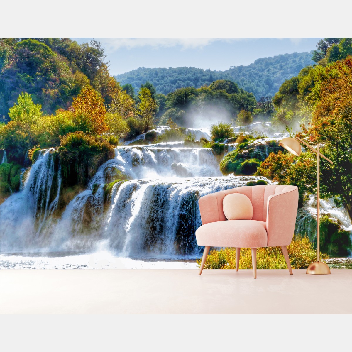 Fototapete stufenförmiger wasserfall im üppigen wald – Wallnifity®