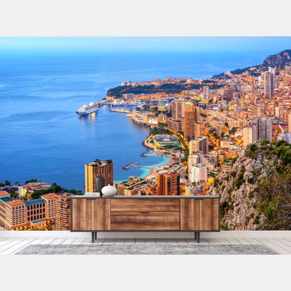 Fototapete Monaco küstenstadt panorama bei dämmerung – Wallnifity®
