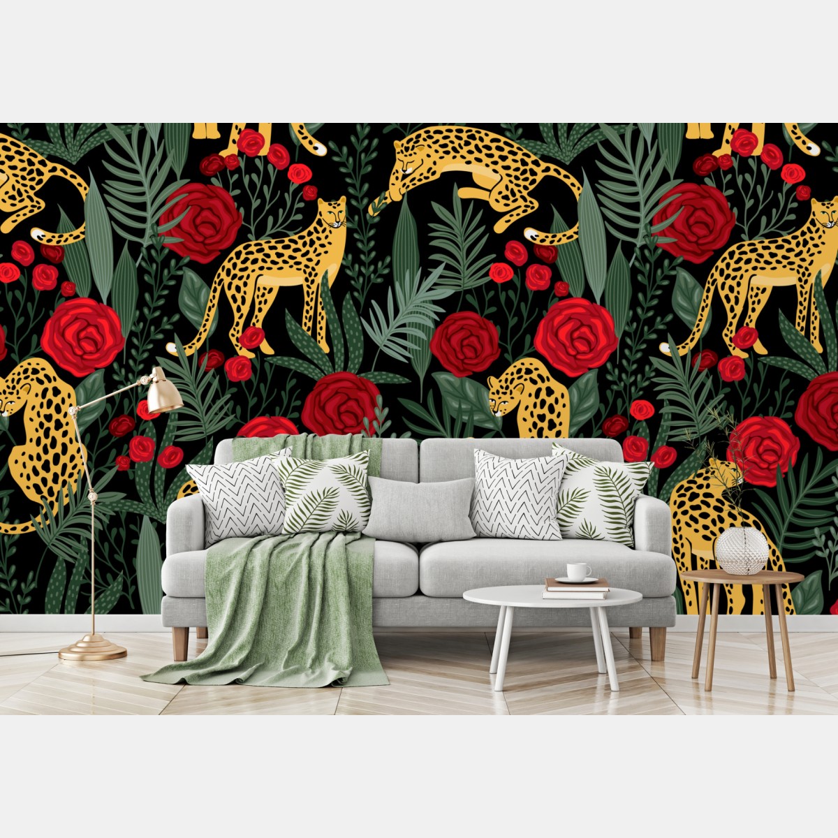 Fototapete goldene geparden und rote rosen muster – Wallnifity®