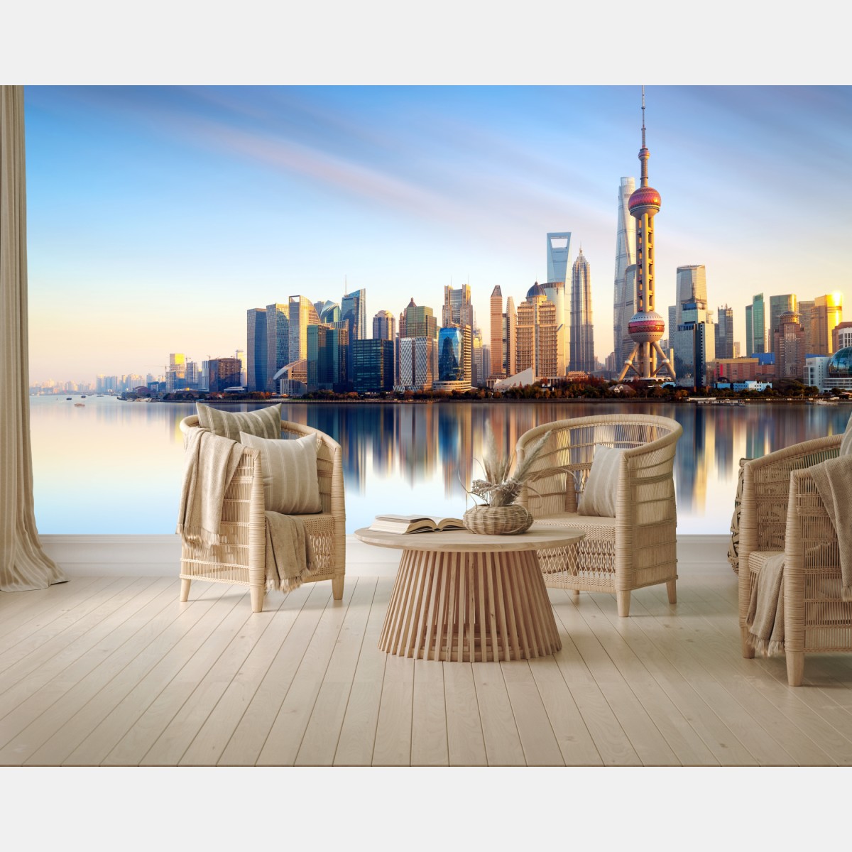 Fototapete Shanghai skyline spiegelung bei sonnenaufgang – Wallnifity®