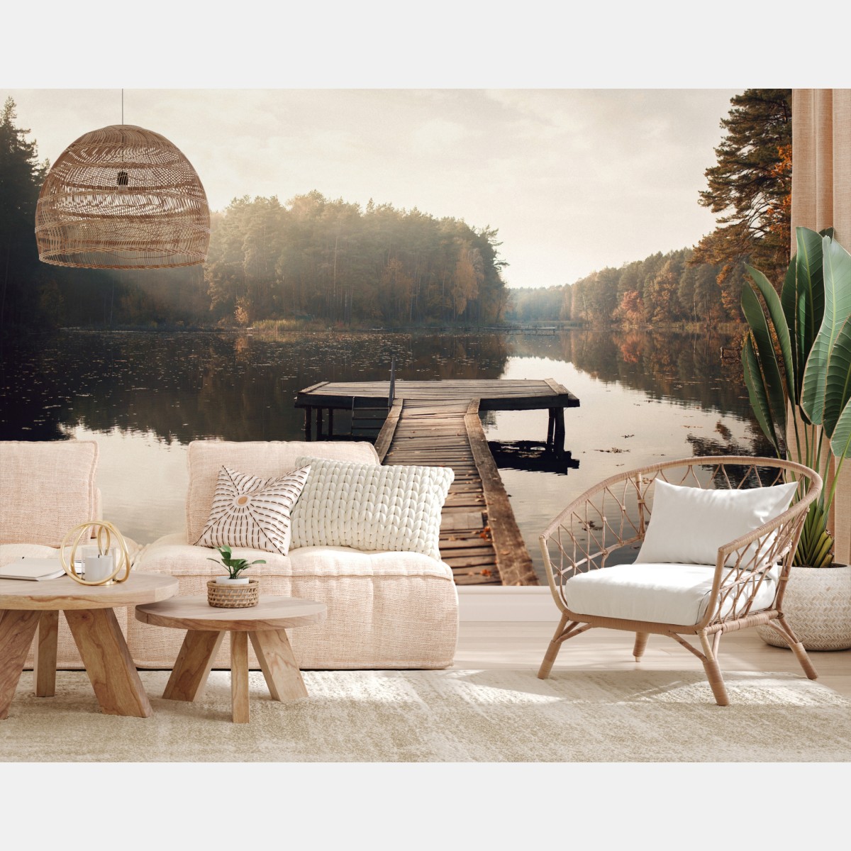 Fototapete herbstmorgen am see mit hölzernem steg – Wallnifity®