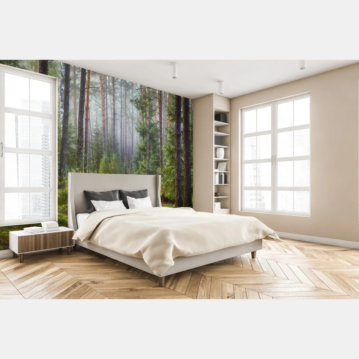Fototapete nebliger kiefernwald mit pfad – Wallnifity®