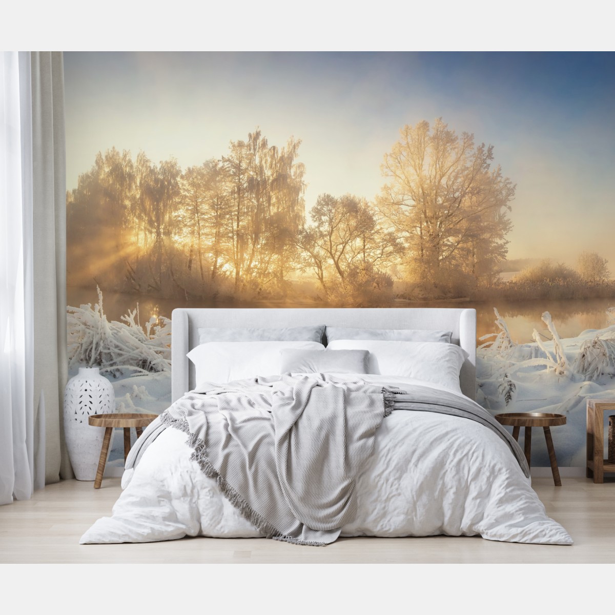 Fototapete goldener wintersonnenaufgang über dem frostigen fluss – Wallnifity®