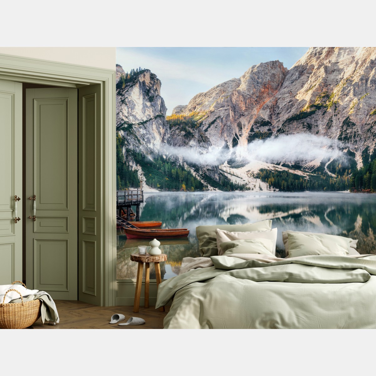 Fototapete nebliger alpensee mit spiegelung – Wallnifity®