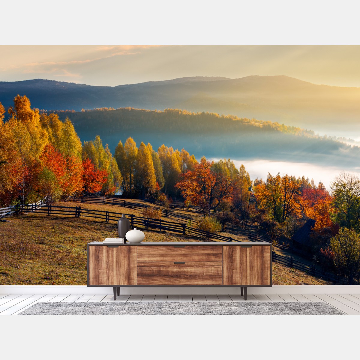 Fototapete nebliger herbstlicher sonnenaufgang auf dem land – Wallnifity®