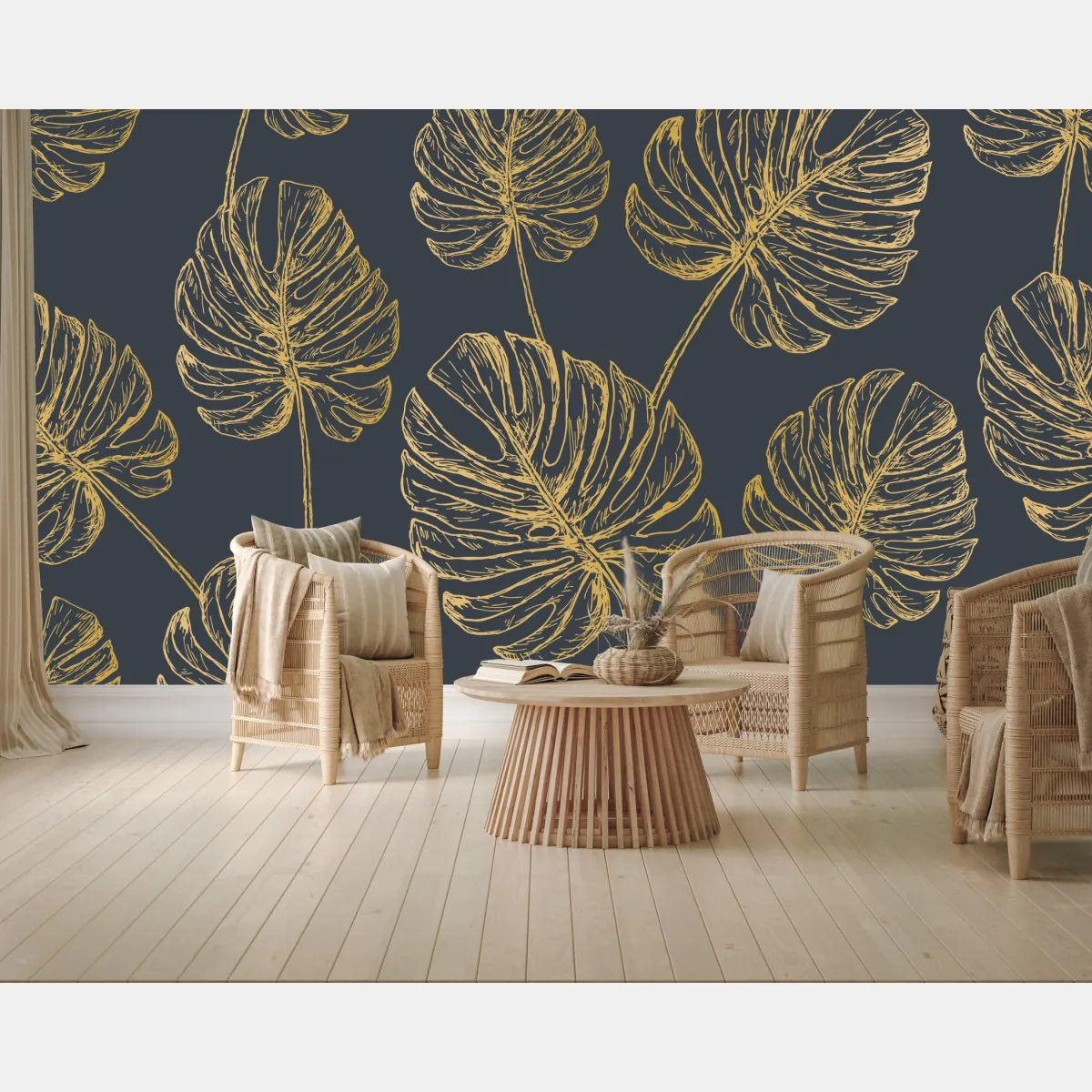 Fototapete goldene monstera-blätter auf dunklem hintergrund – Wallnifity®