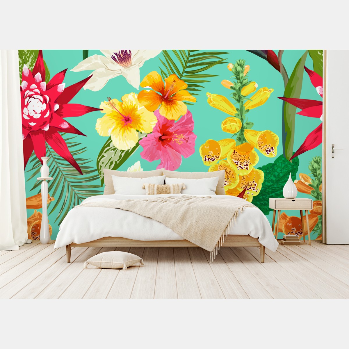 Fototapete tropisches aquarell-blumenmuster mit hibiskus, tigerlilie und paradiesvogelblume – Wallnifity®