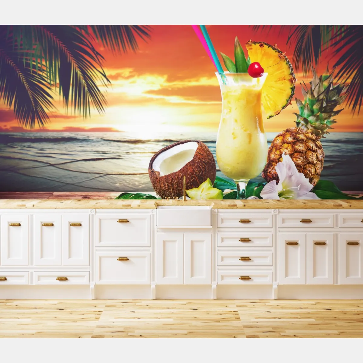 Fototapete tropischer kokos-ananas-cocktail am strand bei sonnenuntergang – Wallnifity®