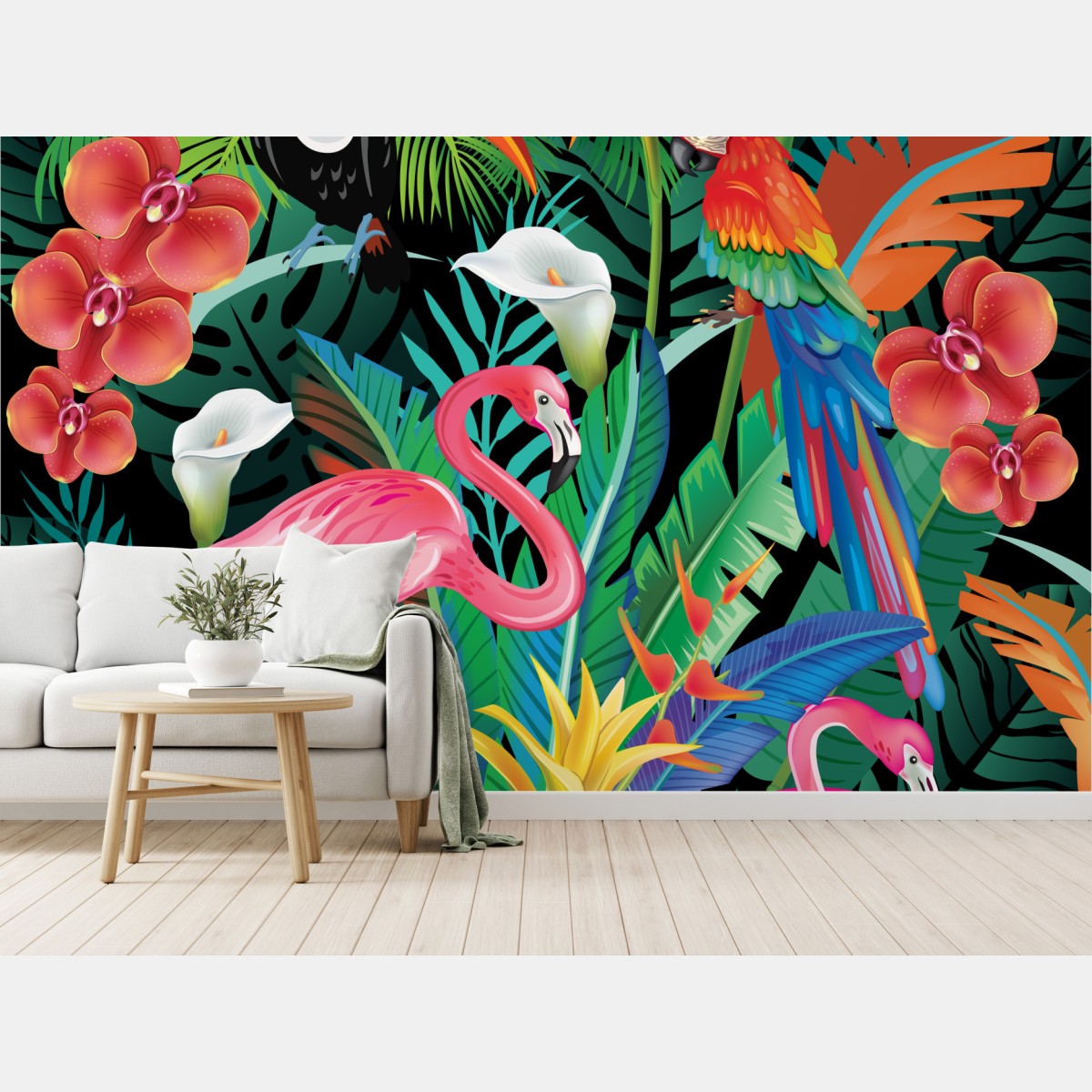 Fototapete leuchtende tropische vögel und blumen – Wallnifity®
