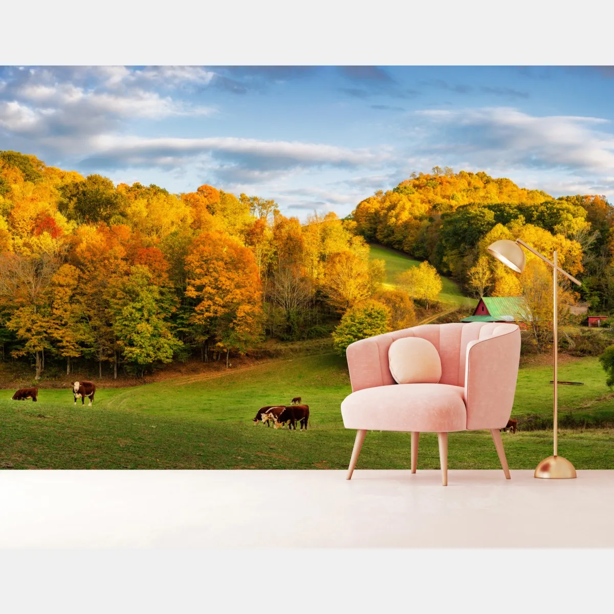 Fototapete herbstliche landschaft mit roter scheune – Wallnifity®