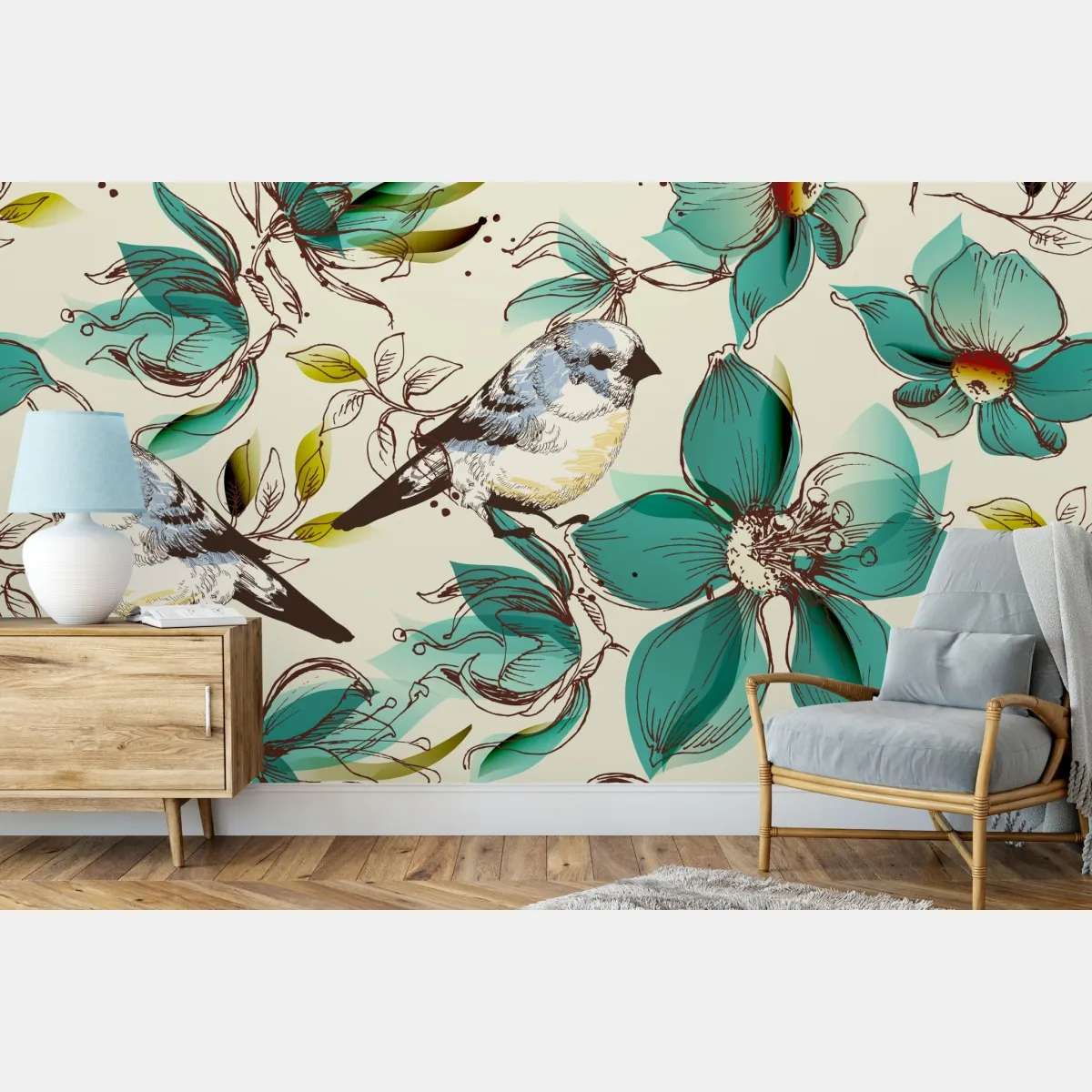 Fototapete retro türkis blumen- und vogelmuster – Wallnifity®