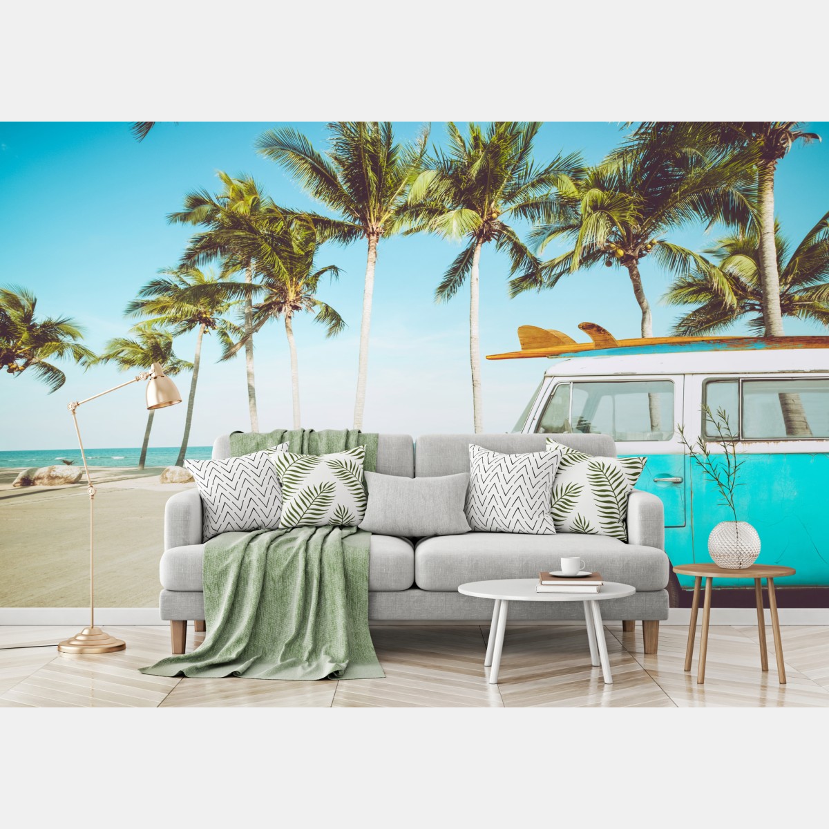 Fototapete vintage surfbus am tropischen strand – Wallnifity®