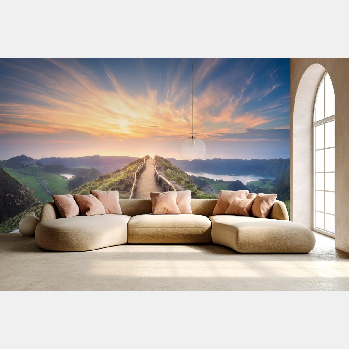 Fototapete sonnenuntergangspfad auf berggrat über see und tal – Wallnifity®