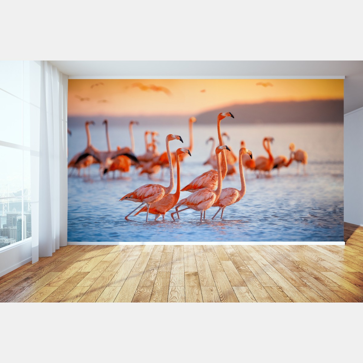 Fototapete rosa flamingos bei sonnenuntergang – Wallnifity®