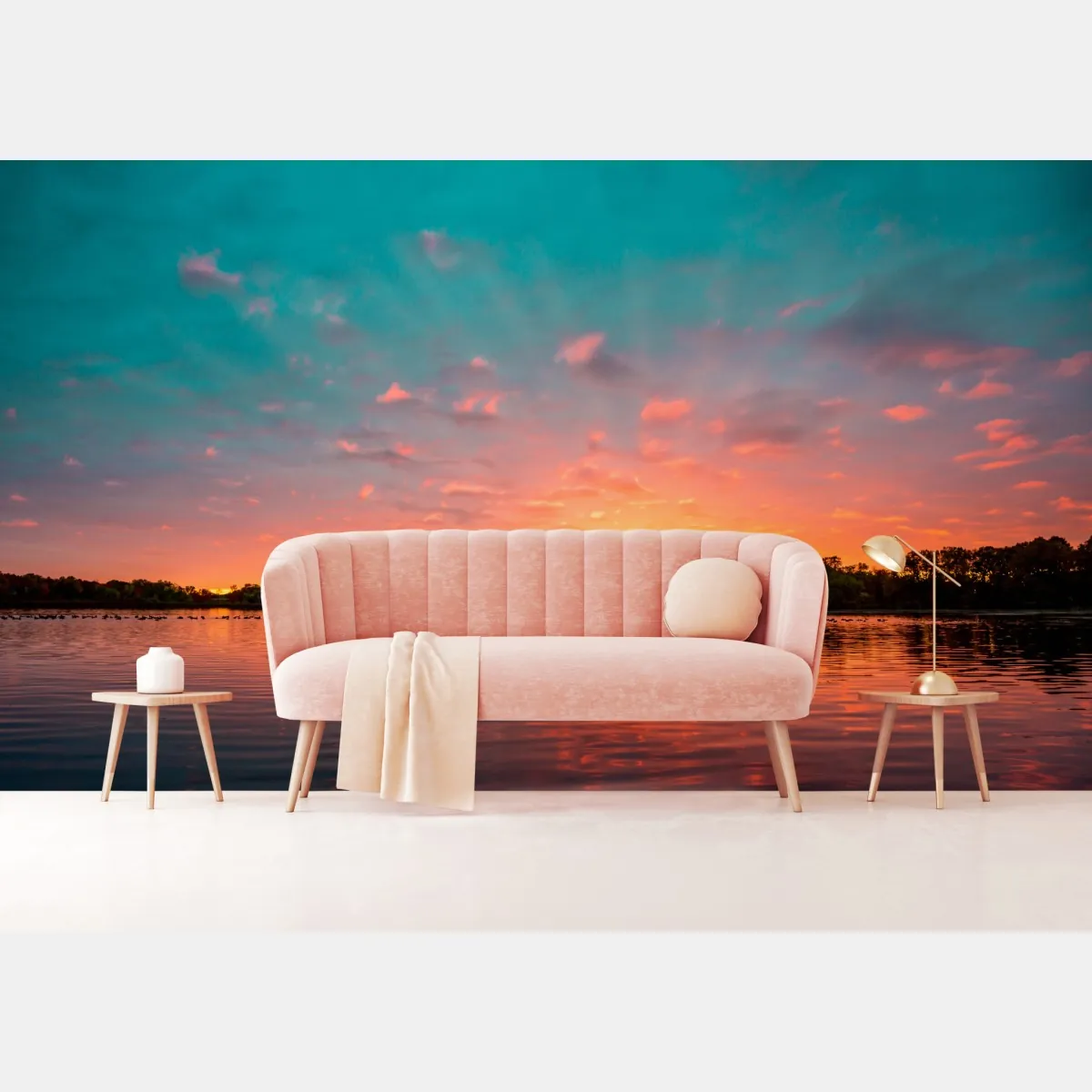 Fototapete türkisfarbener sonnenuntergang über ruhigem see – Wallnifity®