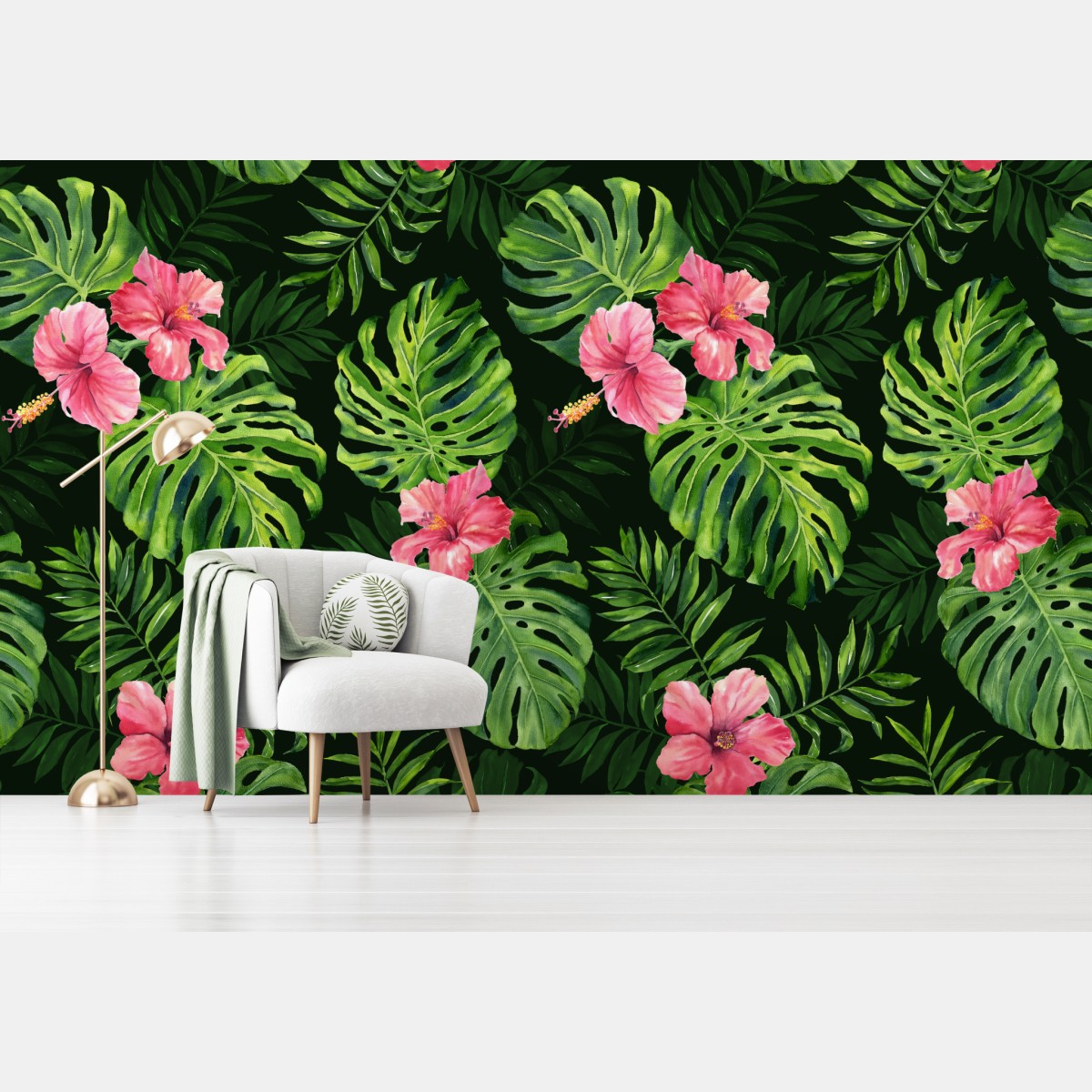 Fototapete tropisches monstera- und hibiskus-motiv – Wallnifity®
