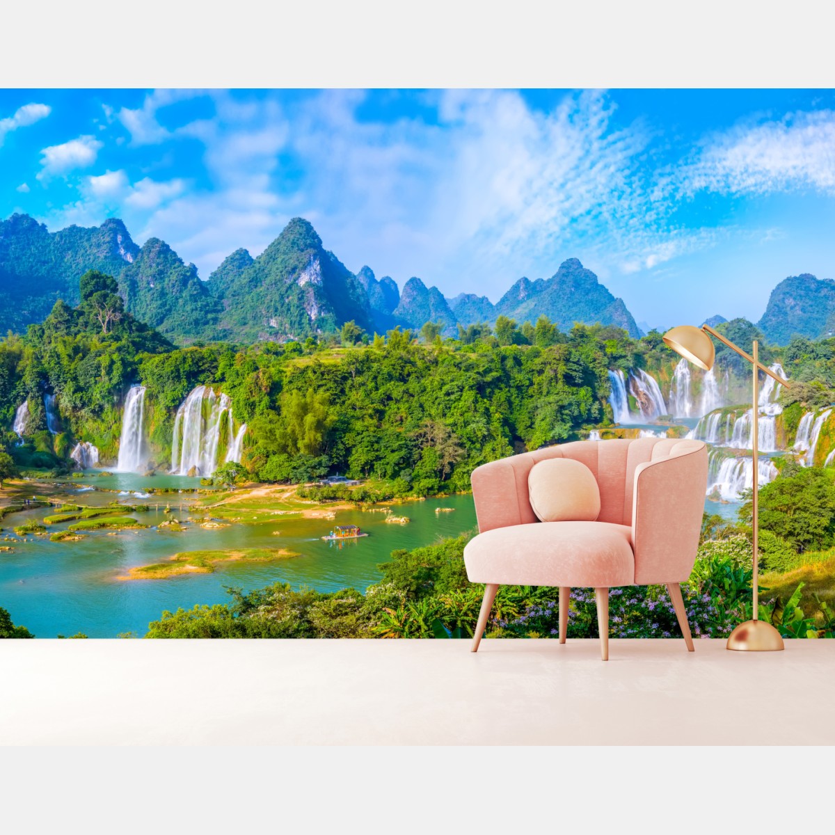 Fototapete üppige panoramaansicht eines wasserfalls mit karstbergen – Wallnifity®