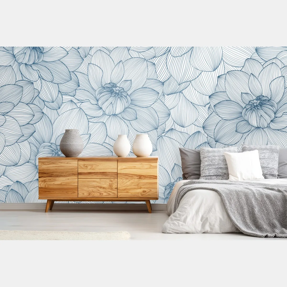 Fototapete zartes blaues blumenlinienmuster – Wallnifity®
