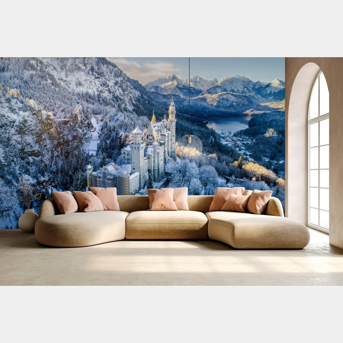 Fototapete winterliches schloss in verschneiten bergen – Wallnifity®