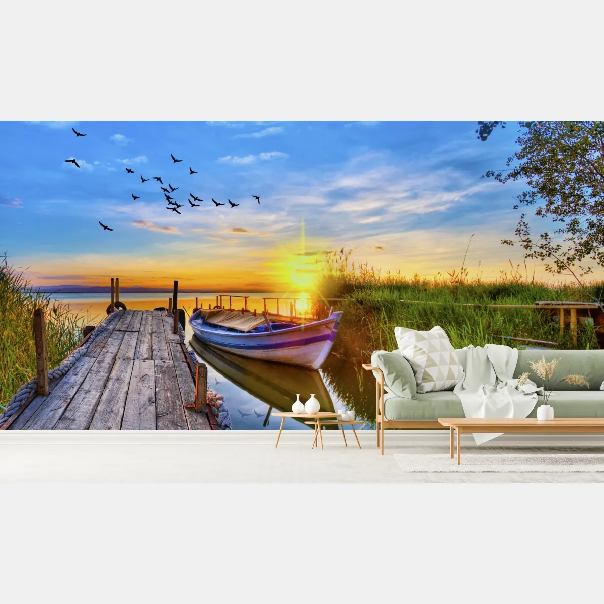 Fototapete sonnenuntergang am see mit boot am steg – Wallnifity®