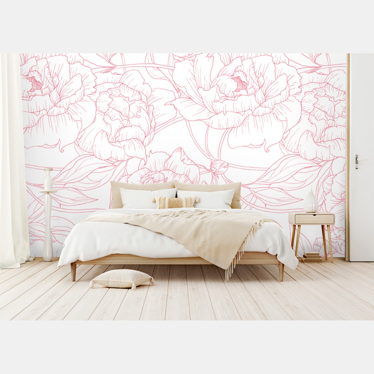 Fototapete zartes rosa paeonien-line-art-muster – Wallnifity®