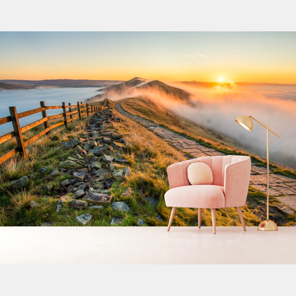 Fototapete sonnenaufgang über einem nebligen bergrücken mit steinweg – Wallnifity®