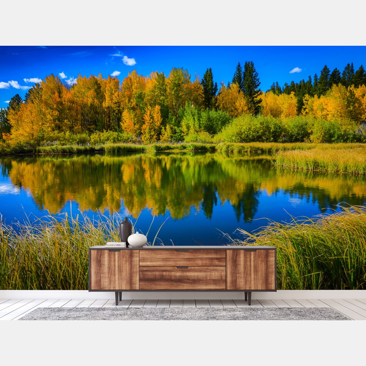Fototapete herbstbäume spiegeln sich in einem ruhigen see – Wallnifity®