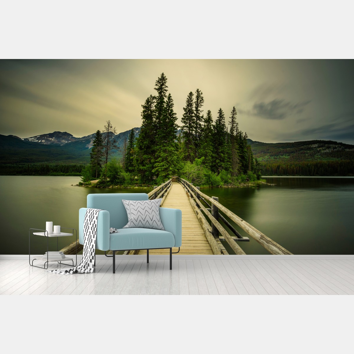 Fototapete abendlicher weg zur Pyramid Island, Jasper National Park – Wallnifity®