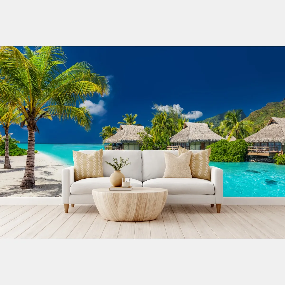 Fototapete tropische bungalows über dem wasser am türkisblauen meer – Wallnifity®