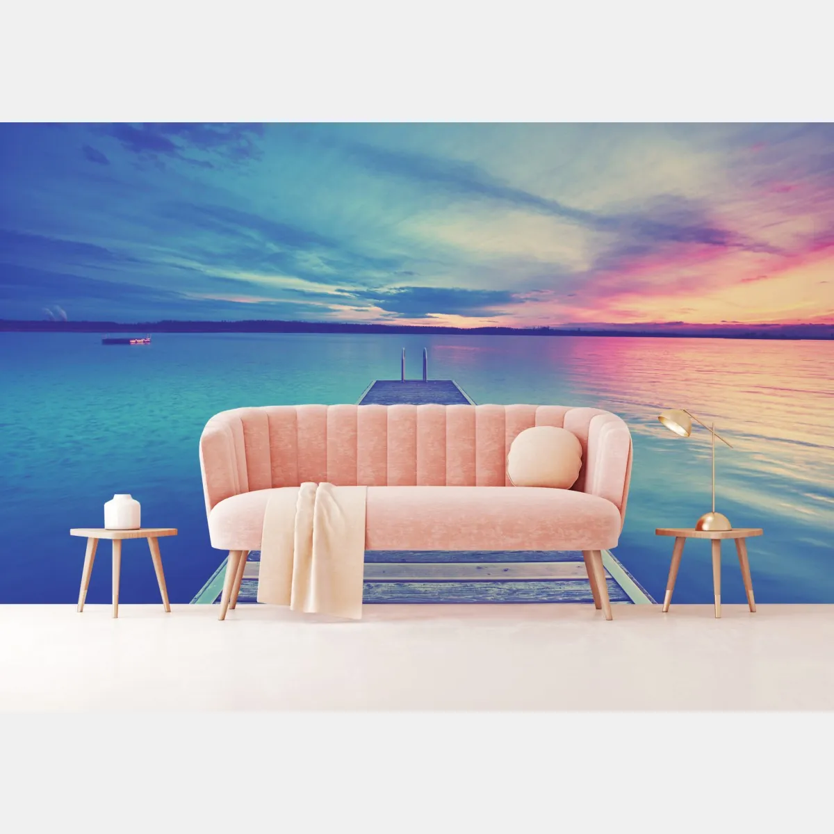 Fototapete pastellsteg am see bei sonnenuntergang – Wallnifity®