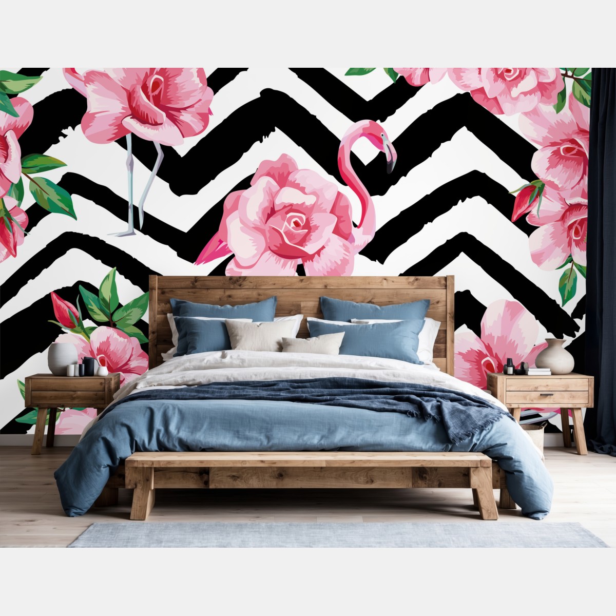 Fototapete tropisches muster mit rosa flamingo und rosen – Wallnifity®