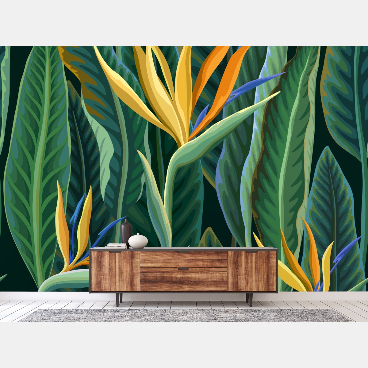 Fototapete tropische illustration mit strelitzie und üppigen blättern – Wallnifity®