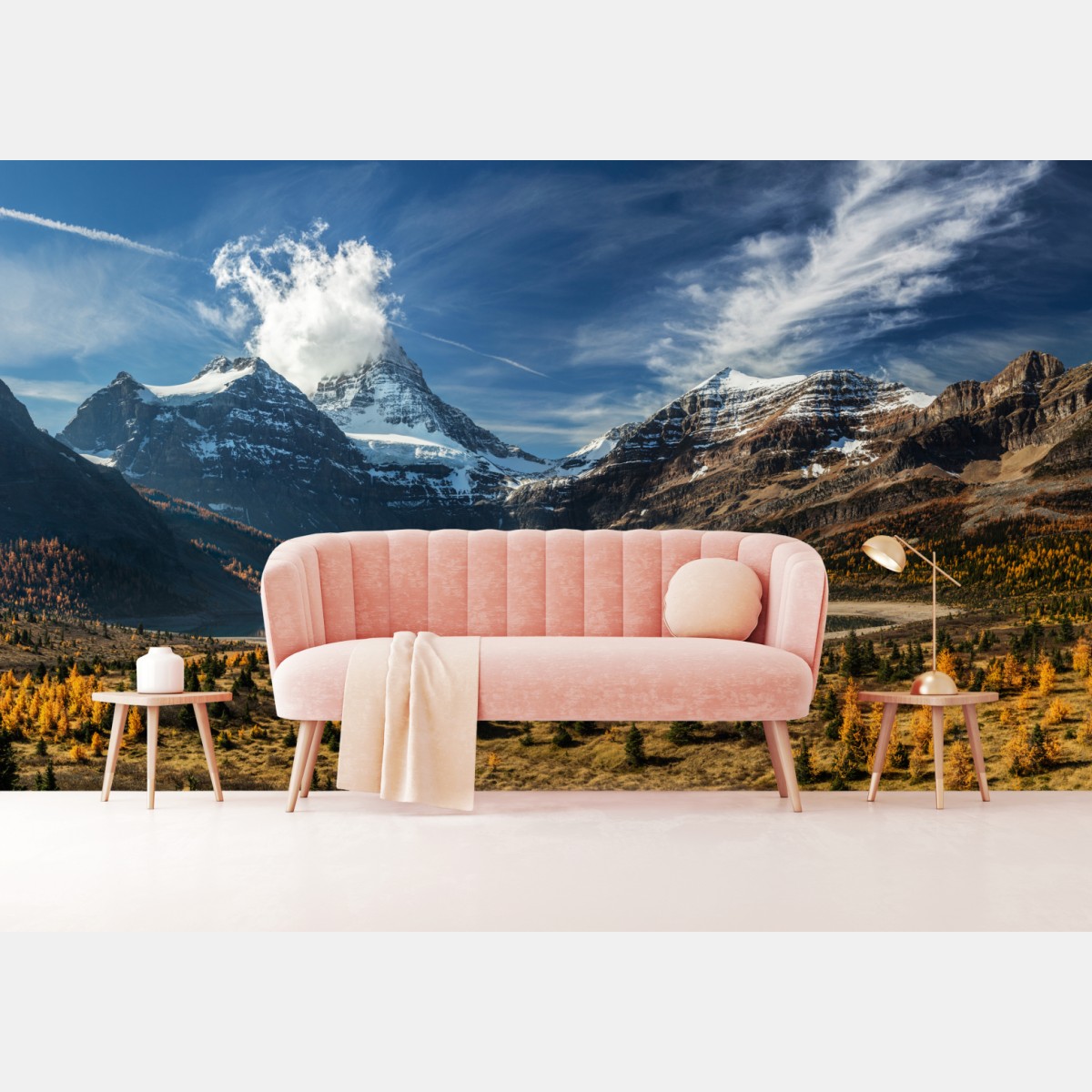 Fototapete schneebedeckte gipfel gespiegelt in einem herbstlichen alpensee – Wallnifity®