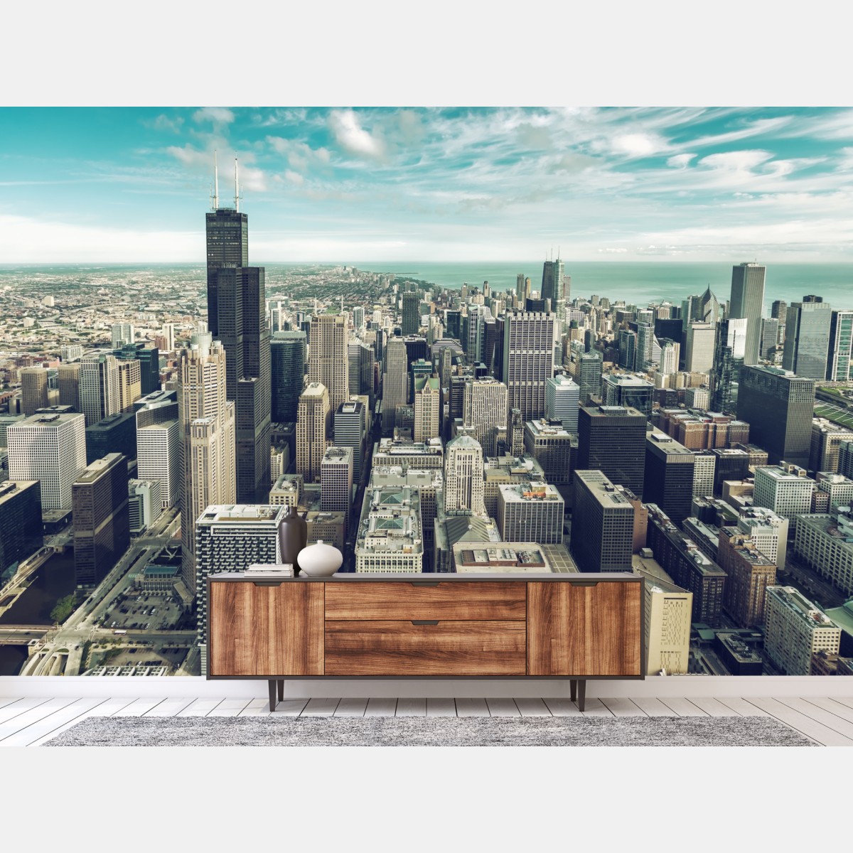 Fototapete Chicago luftaufnahme skyline in türkis vintage-tönen – Wallnifity®