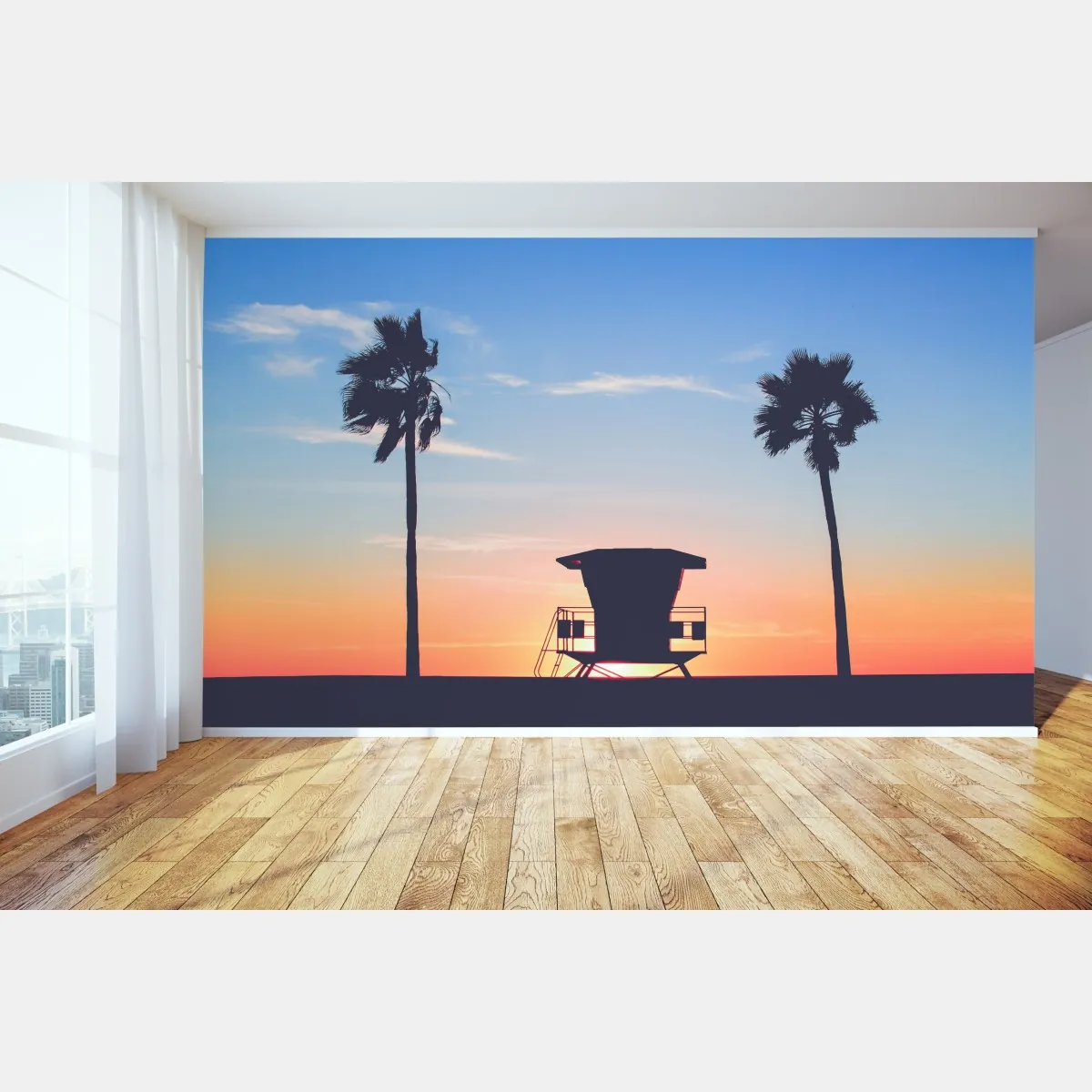 Fototapete sonnenuntergang am strand mit palmen und rettungsturm – Wallnifity®