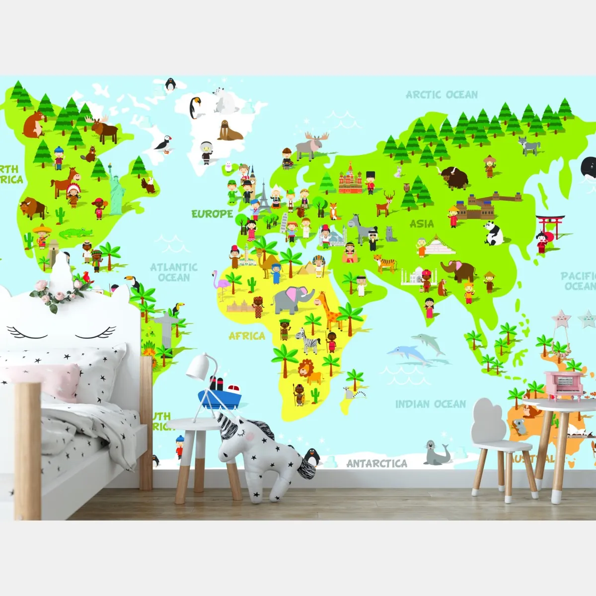 Fototapete bunte weltkarte mit tieren und kindern – Wallnifity®