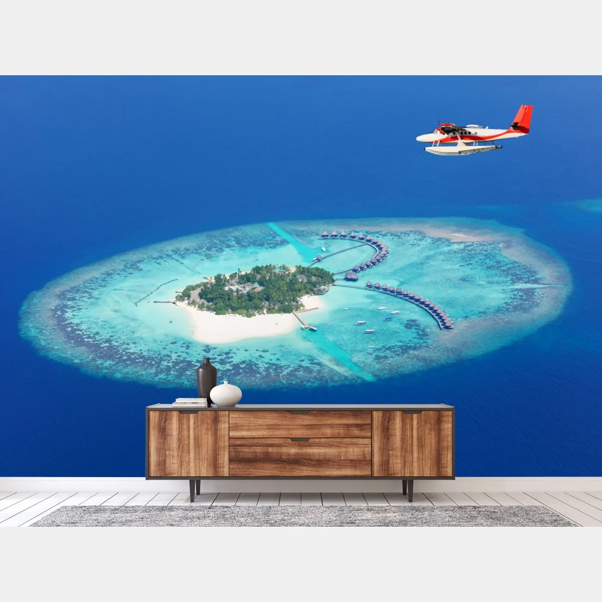Fototapete tropische insel aus der luft mit wasserflugzeug – Wallnifity®