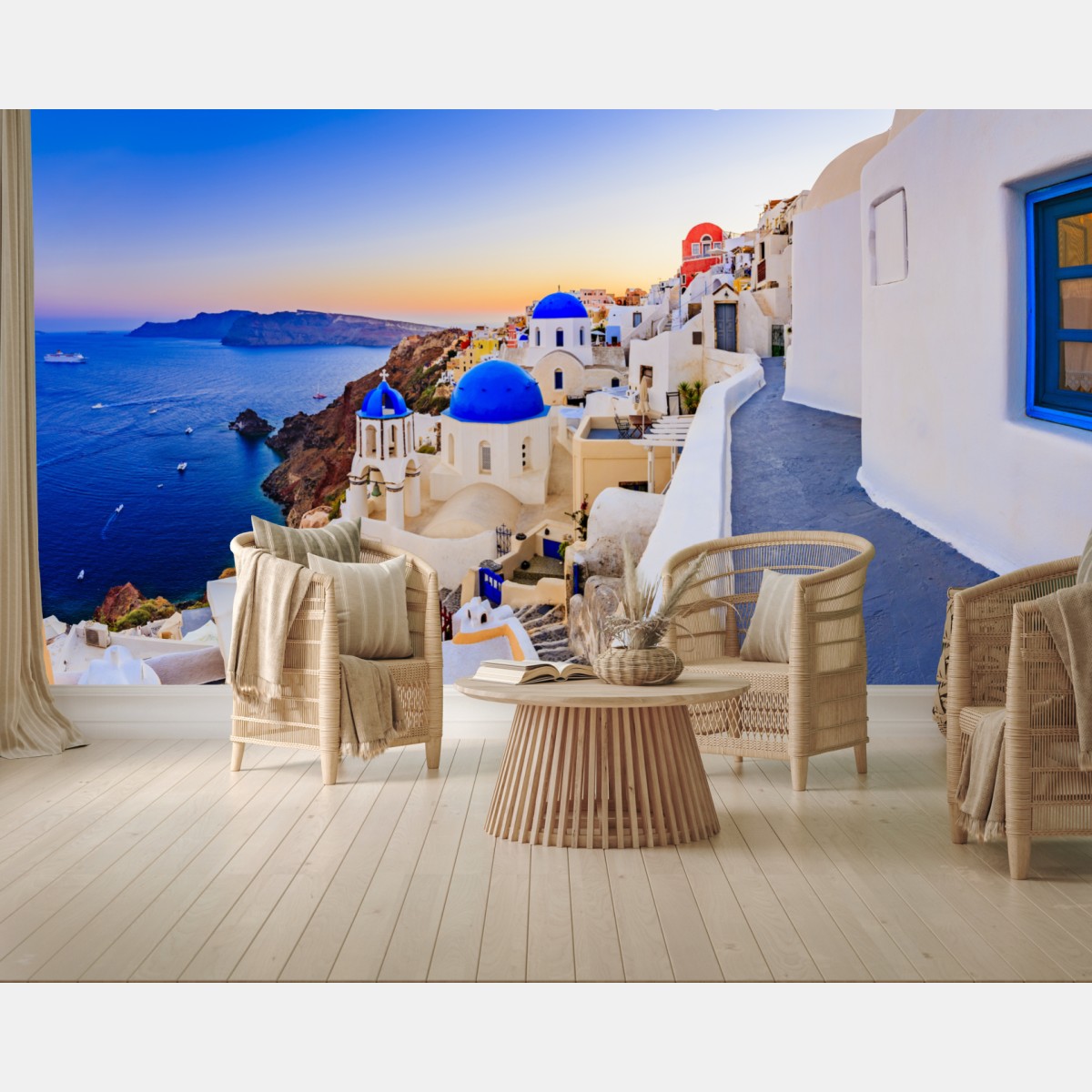 Fototapete Santorini sonnenuntergang über blauen kuppeln – Wallnifity®