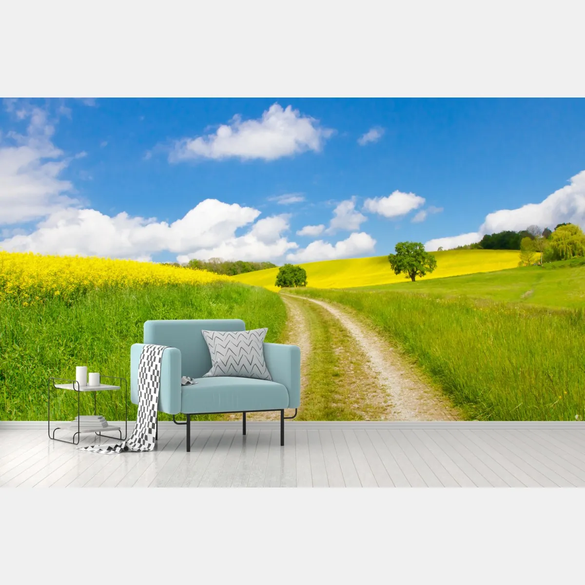 Fototapete sonniger landeweg durch gelbe felder – Wallnifity®