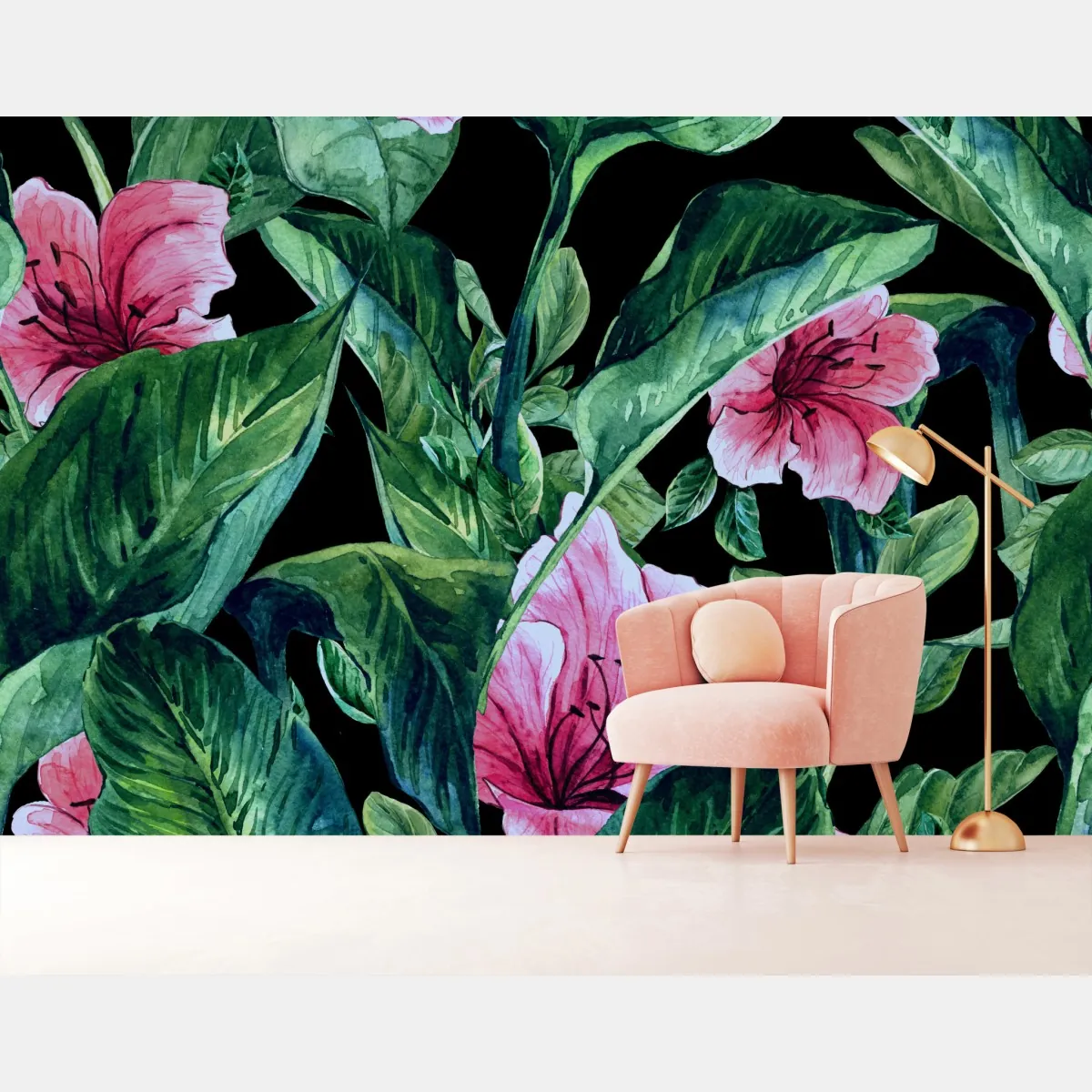 Fototapete rosa aquarellblumen auf schwarzem hintergrund – Wallnifity®