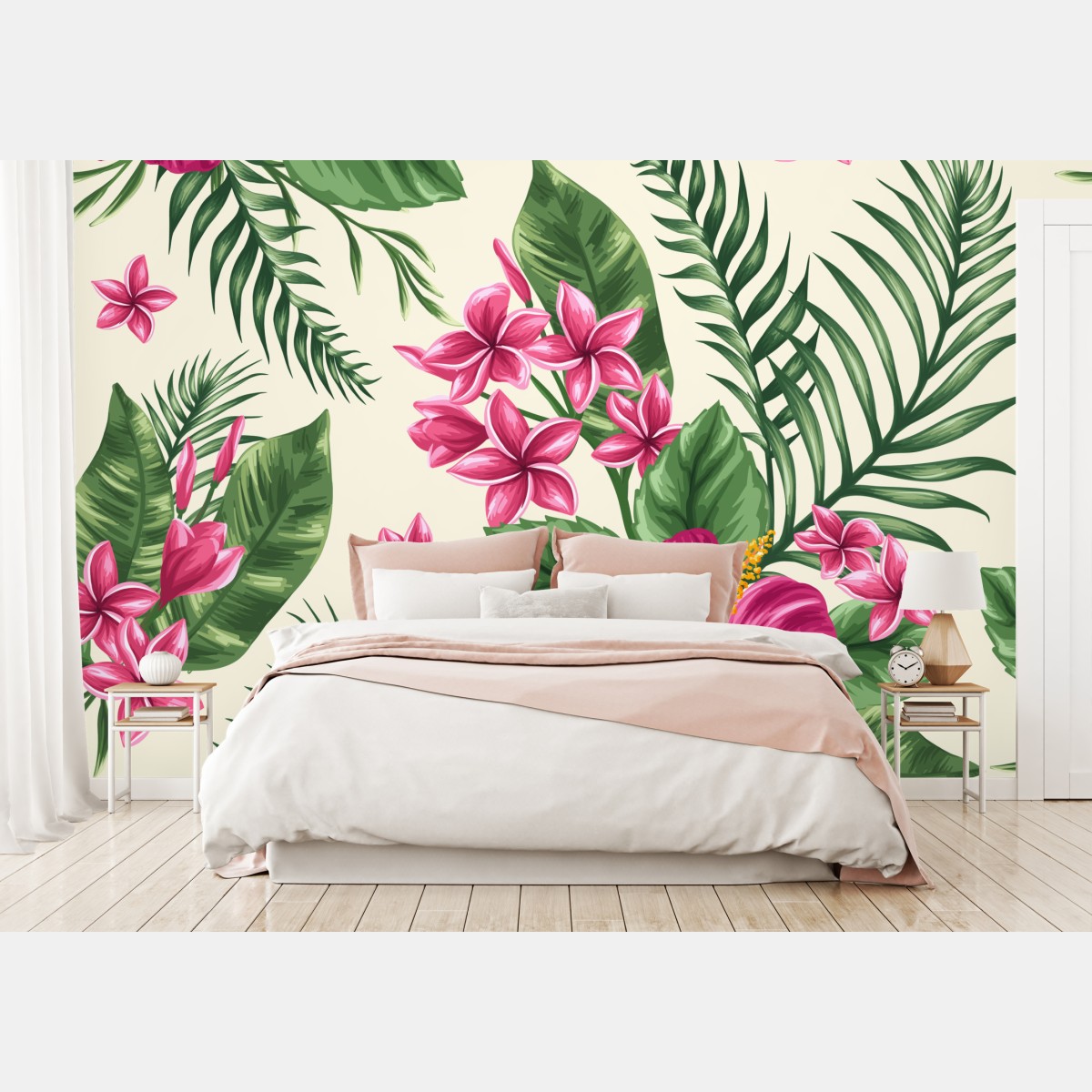 Fototapete tropisches muster mit rosa hibiskus – Wallnifity®