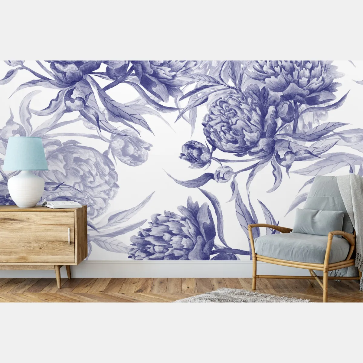 Fototapete blaue pfingstrosen botanisches muster – Wallnifity®