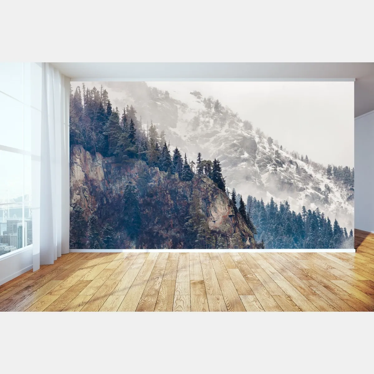 Fototapete nebliger berg mit felsklippe und kieferwald – Wallnifity®